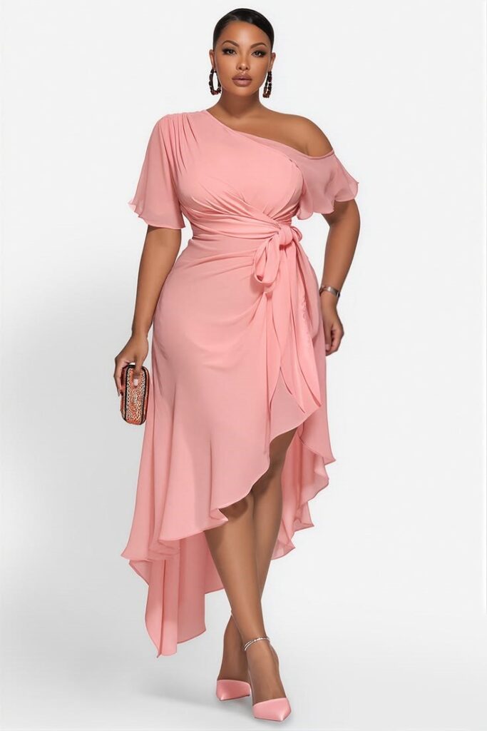 Curvy woman wearing an elegant high-low midi dress with a flowing hem.