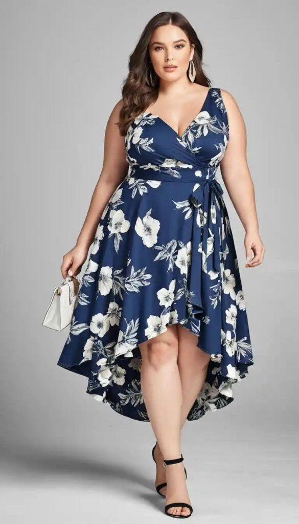 Plus size woman wearing a high-low wrap dress with an asymmetrical hem and wrap waist.