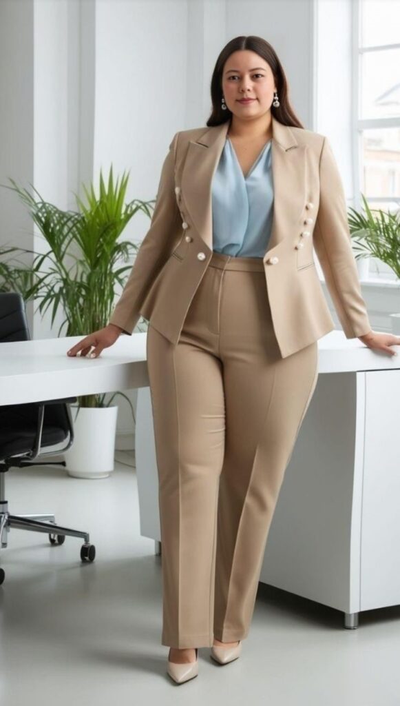 Hourglass plus-size woman wearing tailored trousers and a fitted blazer