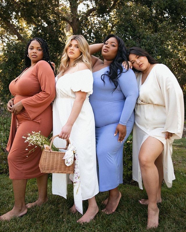 Diverse group of plus-size women with different body shapes wearing stylish dresses for a body shape styling guide.