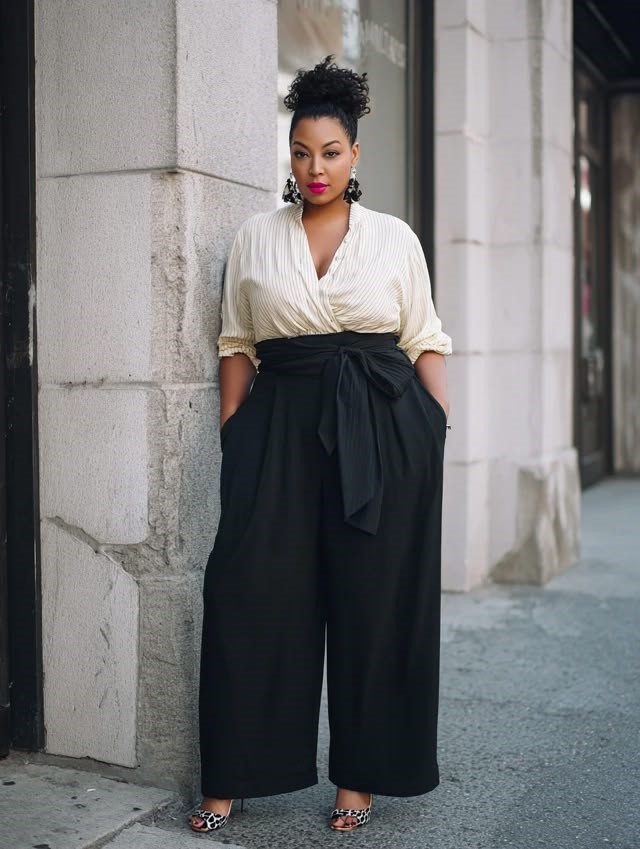 Inverted triangle body shape wearing wide-leg trousers