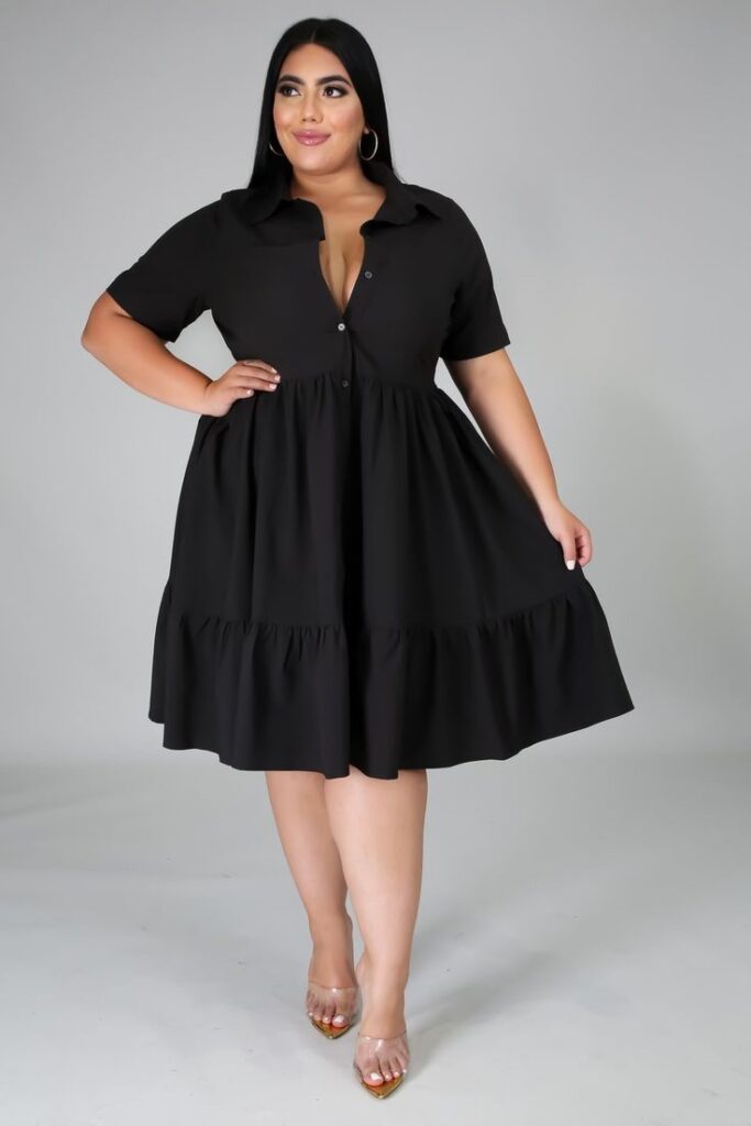 Classic knee-length little black dress for plus size women.