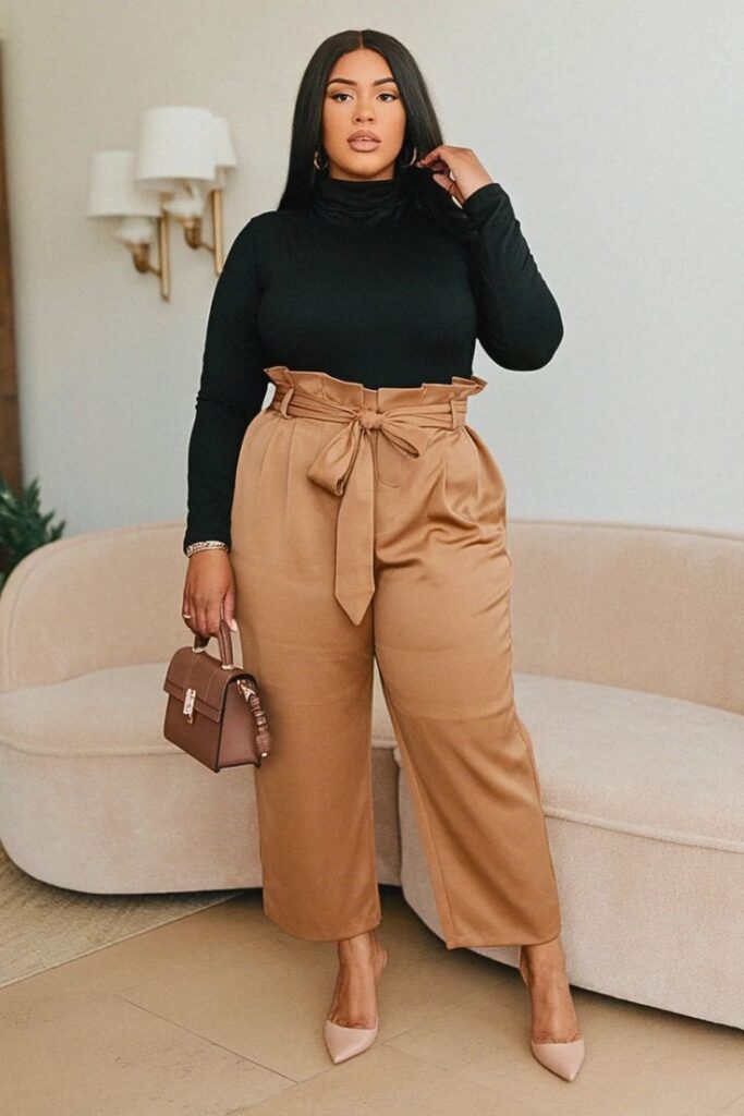 Woman wearing a knit turtleneck sweater with paperbag waist pants for a sophisticated fall outfit idea.