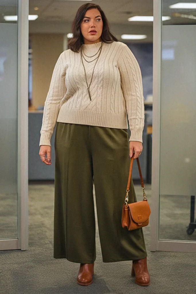 Woman wearing a knit sweater with tailored trousers and ankle boots for a polished fall outfit idea.