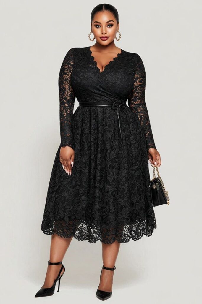 Curvy woman wearing an elegant lace midi dress for a special occasion