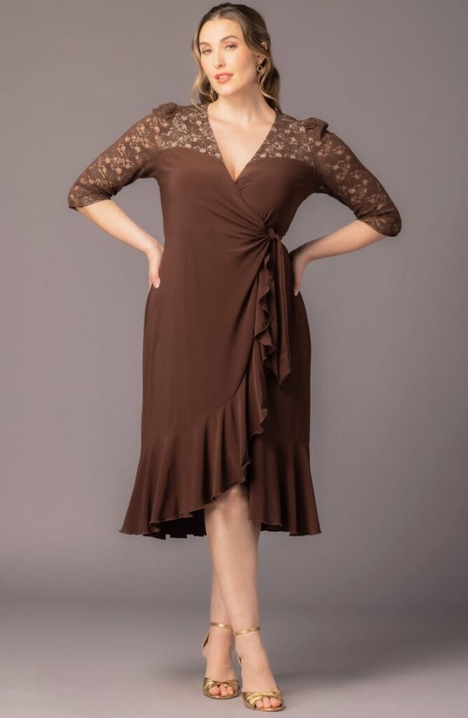 Plus size woman wearing an elegant lace wrap dress for a wedding