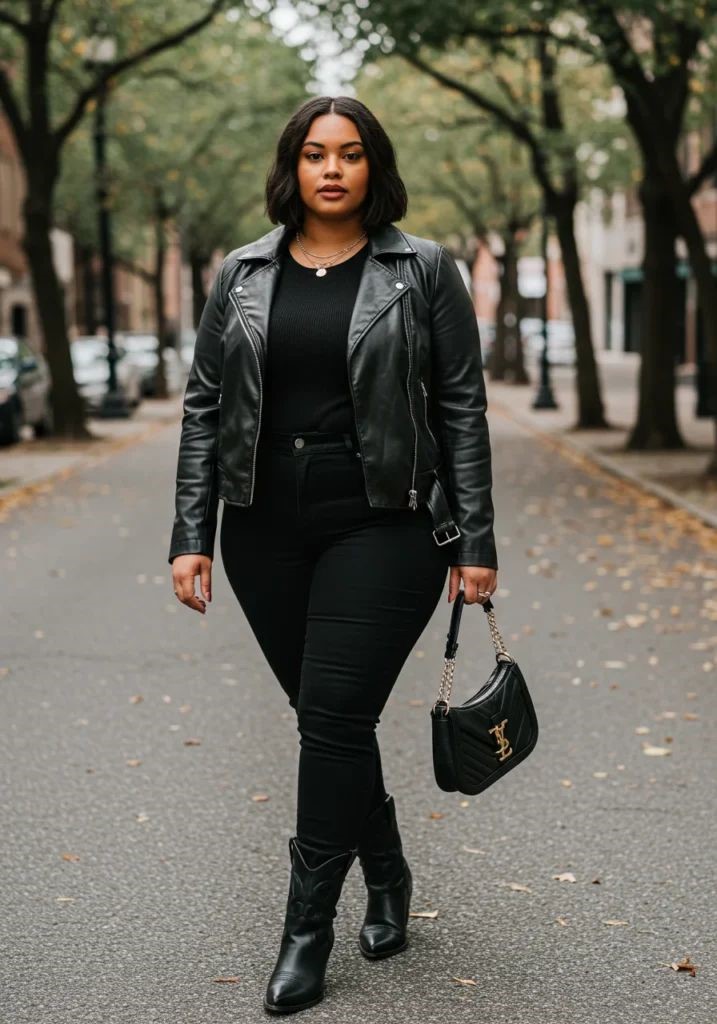 Plus-size woman wearing a leather jacket with black jeans and ankle boots.