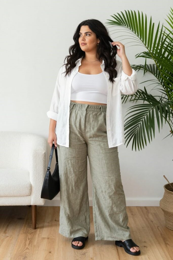 Plus-size woman wearing a ribbed tank top, linen shirt, and relaxed joggers.
