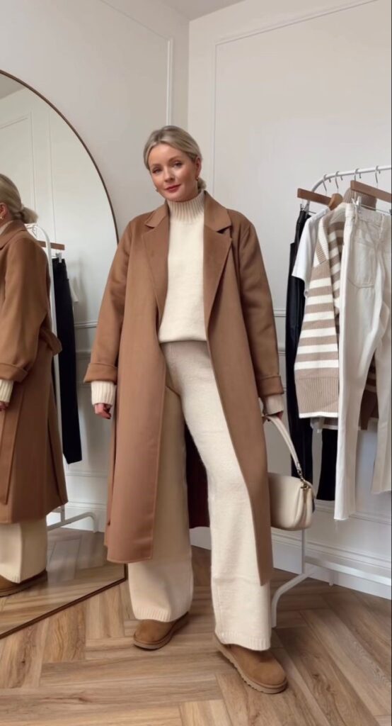 Woman wearing a long camel coat over a cream knit co-ord set for a chic fall outfit idea.