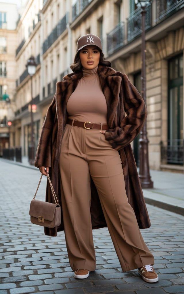 Woman wearing a long outer layer with a monochrome neutral outfit for a chic and elegant fall outfit idea