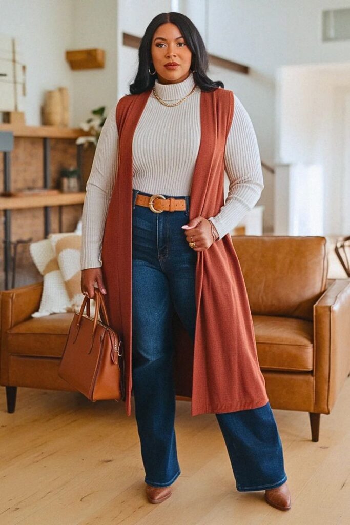 Woman wearing a longline vest over a fitted turtleneck with jeans for a stylish fall outfit idea.