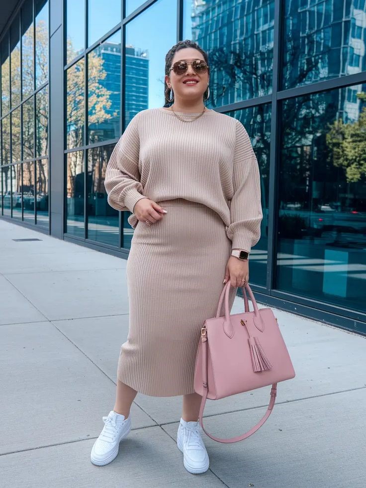 Plus size woman wearing a matching knit set for a stylish weekend look