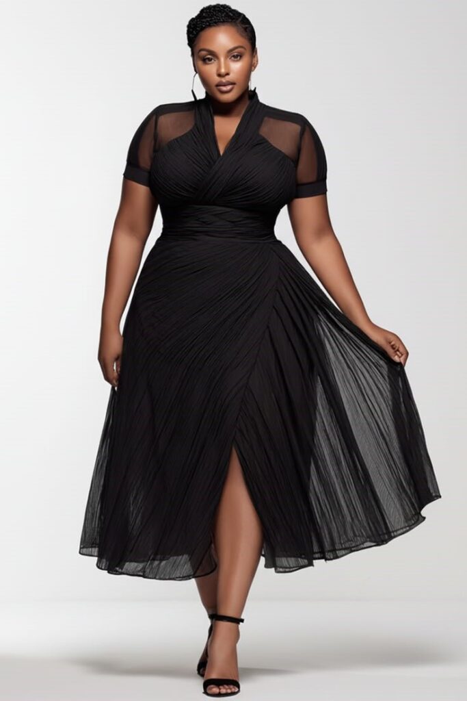 Plus size woman wearing a stylish midi little black dress
