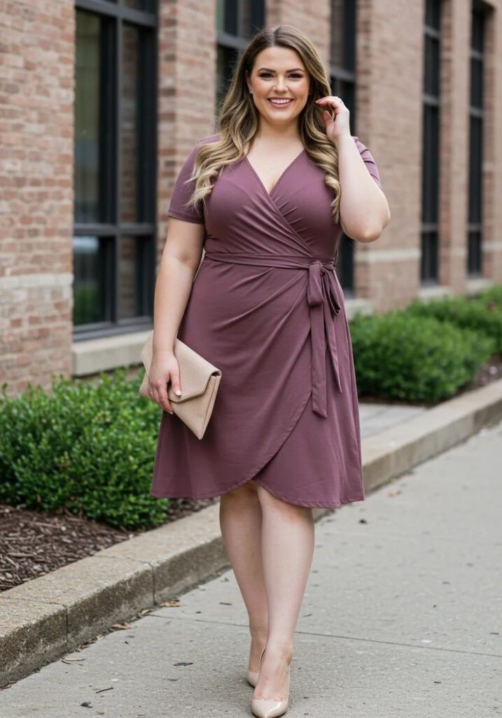 Plus-size woman wearing a midi wrap dress with low block heels for a comfortable workday.