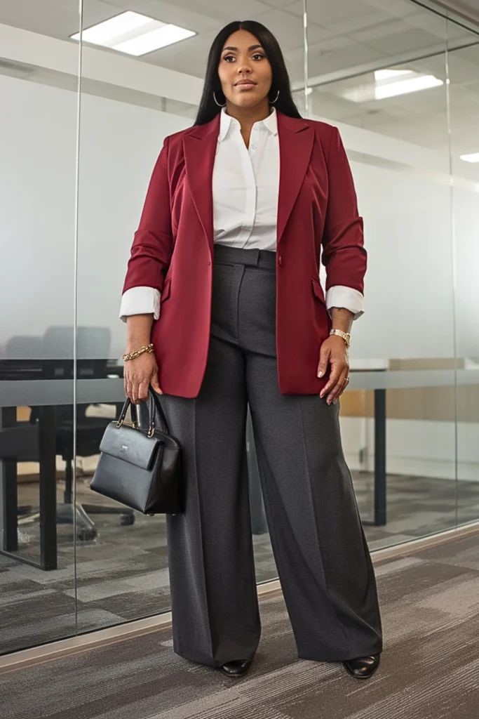 Plus-size woman wearing a modern professional outfit with a tailored blazer and colourful blouse