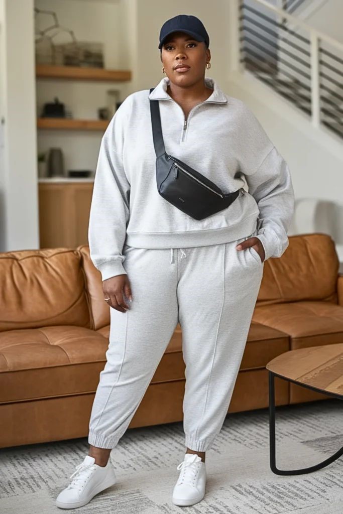Plus size woman wearing a matching athleisure set with white sneakers and a crossbody bag.