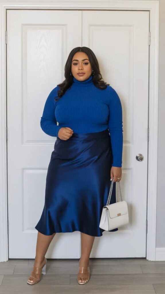 Plus size woman wearing a monochrome blue knit turtleneck top with a matching midi skirt for a stylish business casual office outfit.