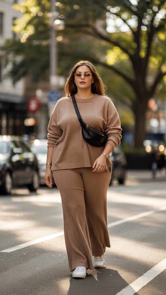 Woman wearing a monochromatic taupe knit sweater and wide-leg pants with black crossbody bag and white sneakers.