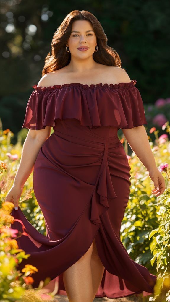 Curvy woman wearing an elegant off-the-shoulder midi dress.
