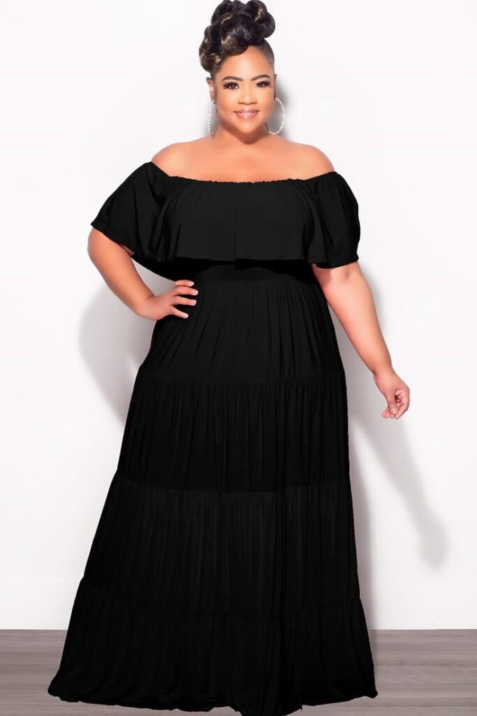 Off-the-shoulder plus size maxi dress with a flowing floor-length skirt.