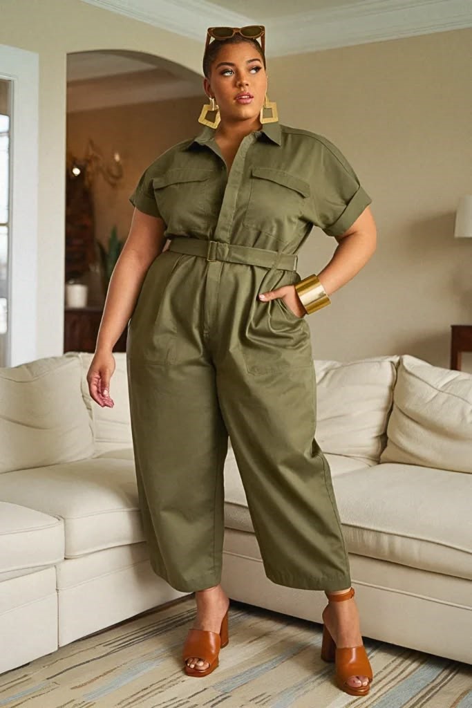 Plus-size woman wearing an olive green belted jumpsuit styled with gold accessories for a chic smart-casual outfit.