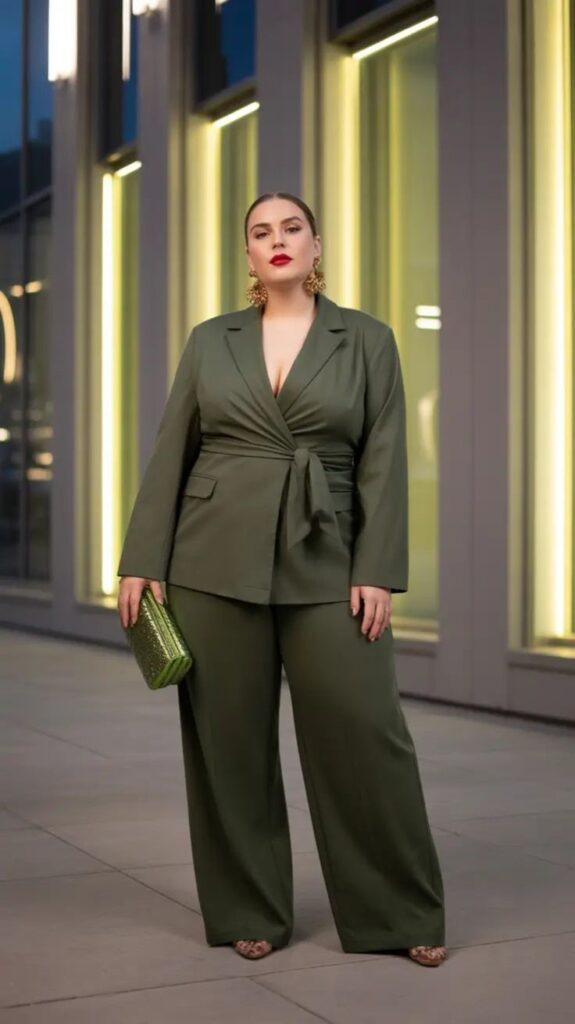 Plus-size woman wearing an olive green wrap blazer with matching wide-leg trousers and a coordinating clutch.