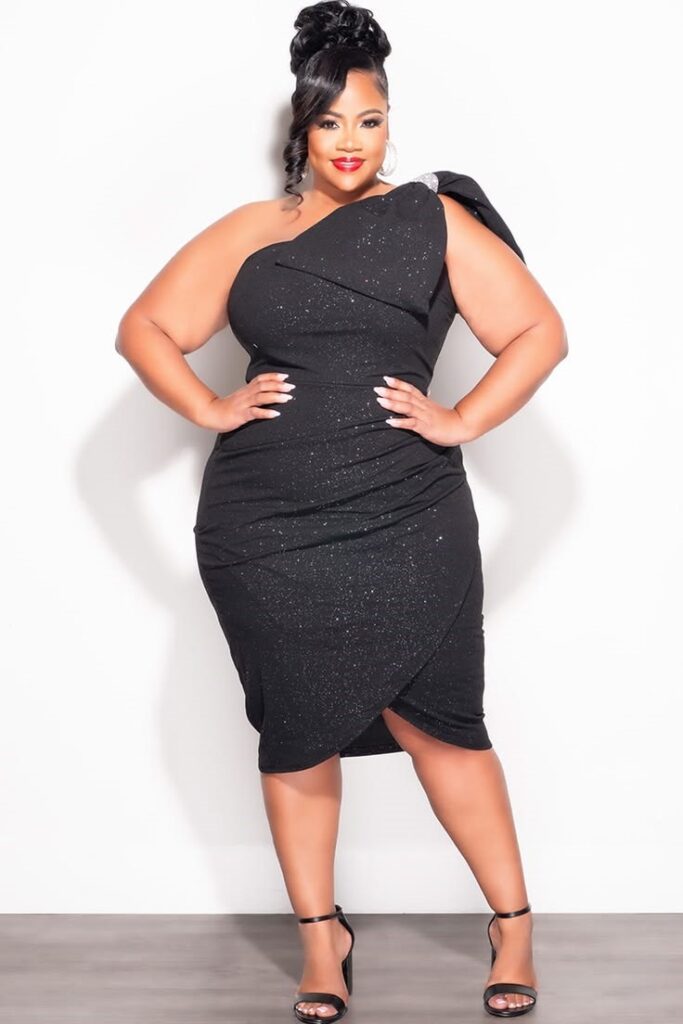 One-shoulder little black dress for plus size women