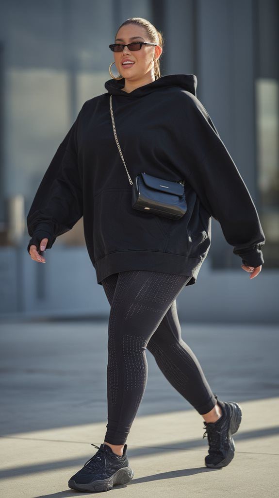 Comfortable plus size weekend outfit with an oversized hoodie and leggings