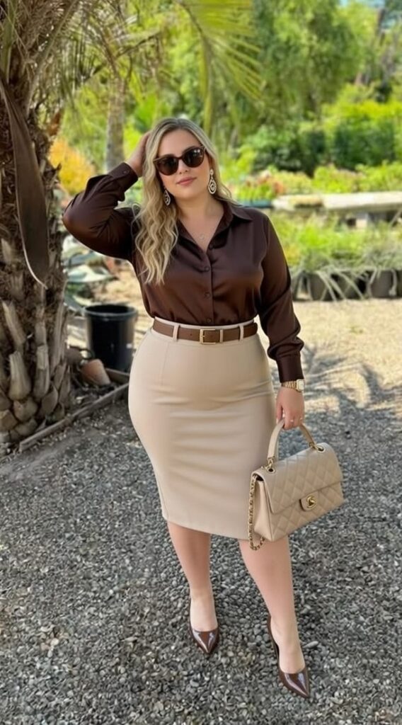 Pencil skirt and soft blouse for plus size office wear