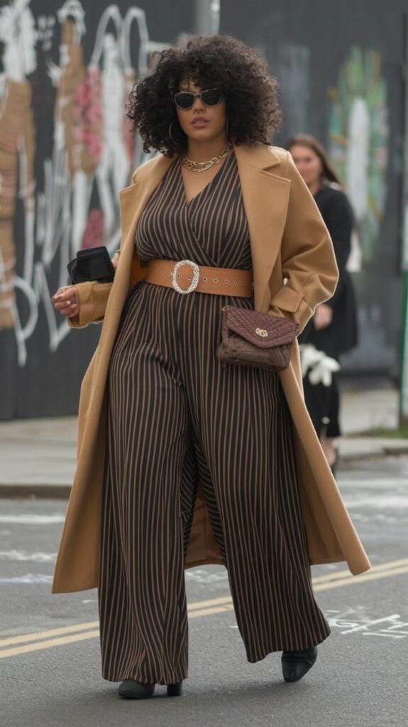 Woman wearing a striped wide-leg jumpsuit layered with a camel coat and accessorized with a statement belt and handbag.