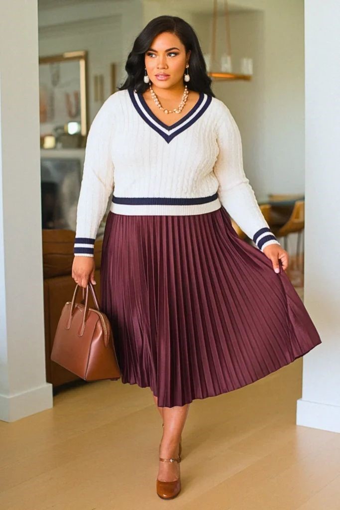 Plus-size office outfit featuring a pleated midi skirt and lightweight sweater