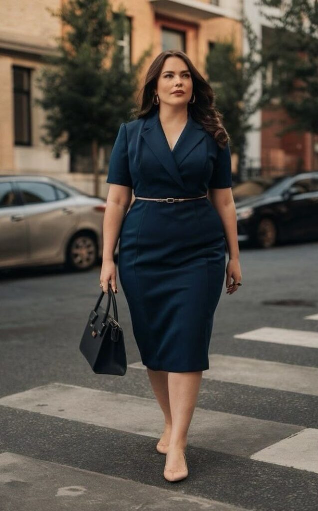 Plus size woman wearing a belted dress that defines the waist for a flattering fit.