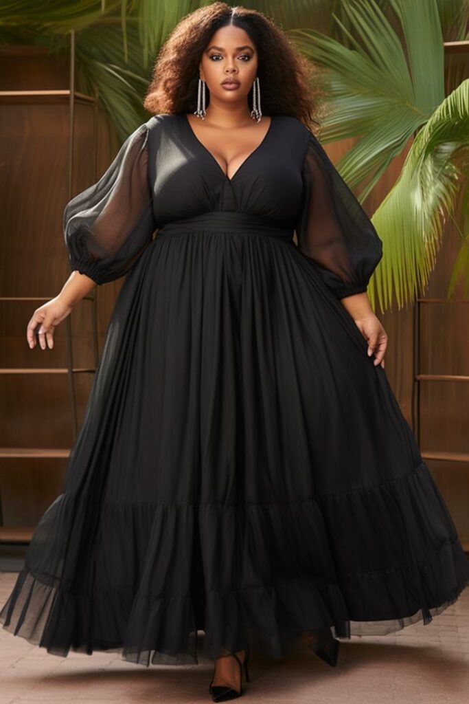 Classic black plus size maxi dress with a floor-length silhouette.