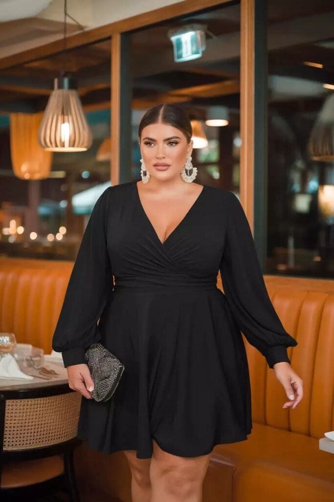 Plus-size woman wearing an elegant black wrap dress with long sleeves, styled with statement earrings and a clutch bag.