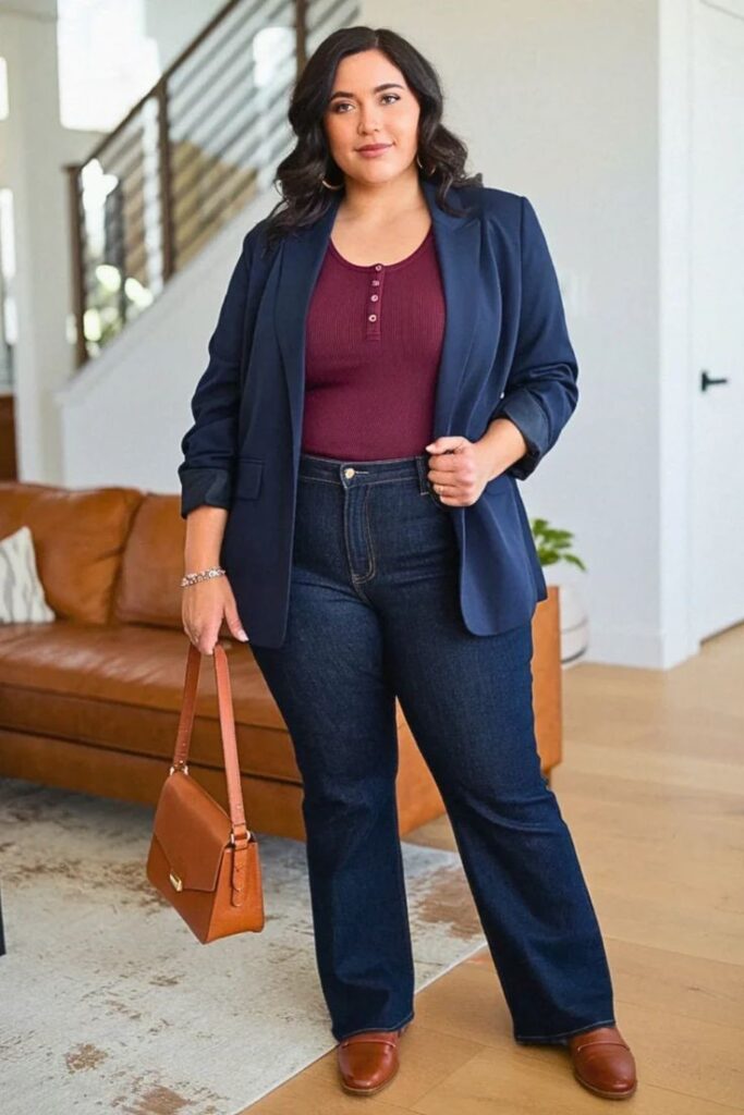 Plus-size woman wearing a navy blazer with a knit top and dark jeans for a polished rainy-day outfit.