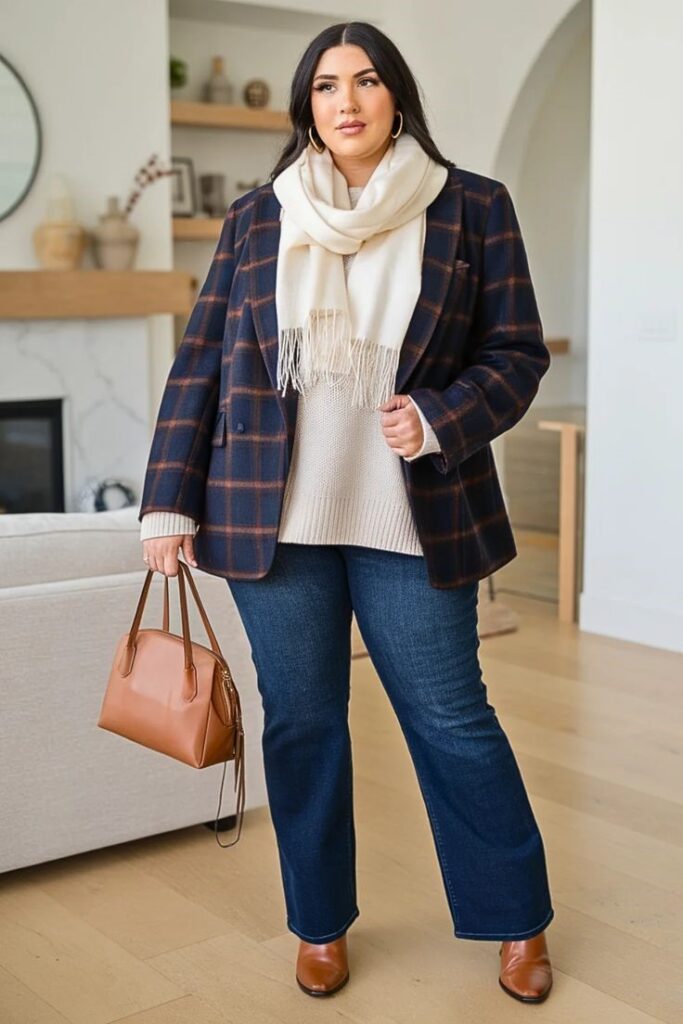 Plus size woman wearing a blazer over a lightweight knit sweater with jeans for winter