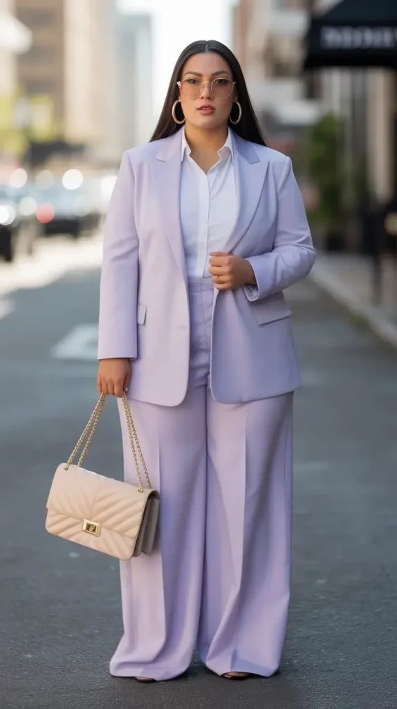 Plus size woman wearing a blazer with wide-leg trousers for a stylish office outfit