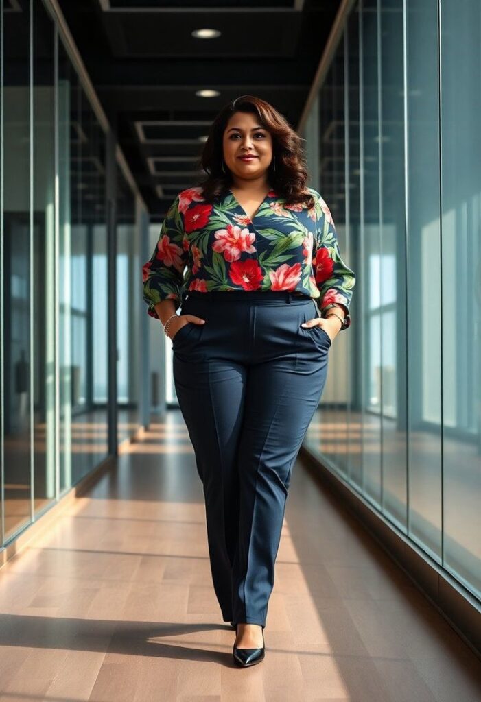 Plus-size woman wearing a colourful blouse with tailored trousers for a stylish office outfit