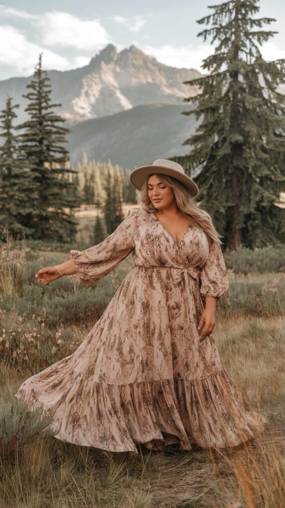 Plus size boho maxi dress with flowing fabric and relaxed styling.