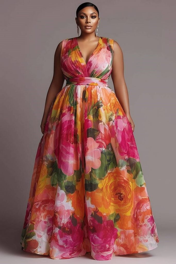 Plus-size woman wearing a bold floral maxi dress with simple earrings to let the print stand out.
