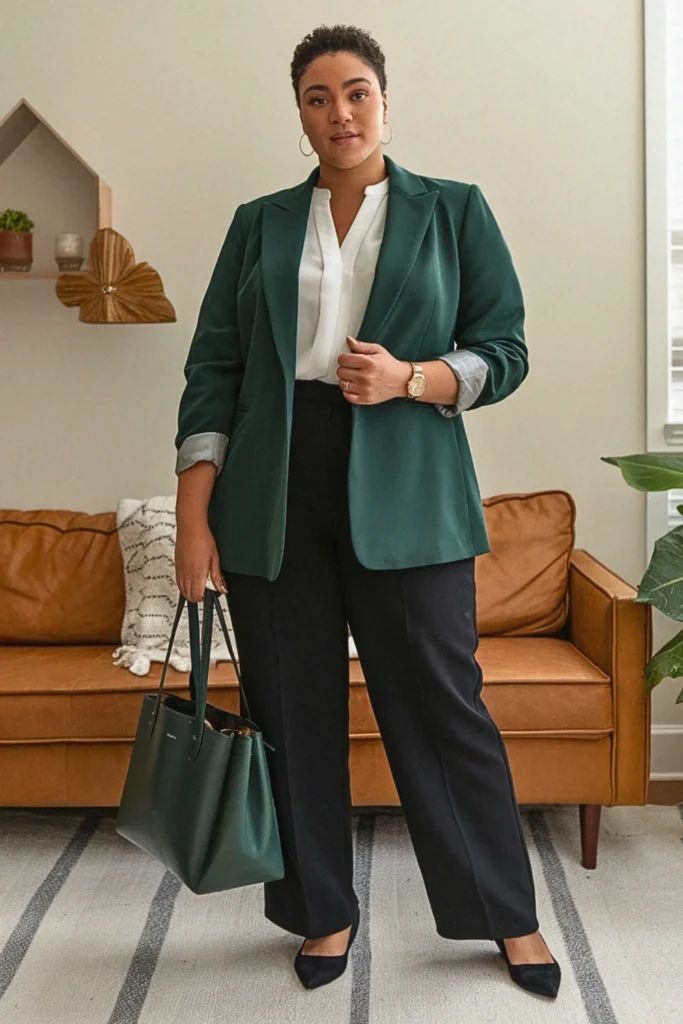 Plus size woman wearing a green blazer, white blouse, and tailored black trousers for a stylish business casual office outfit.