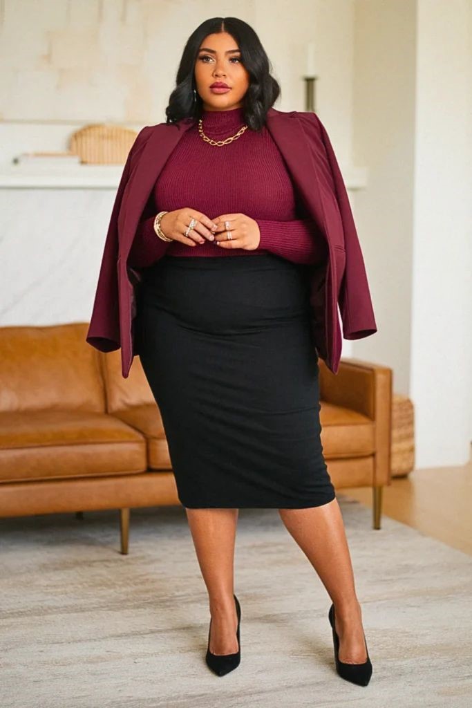 Plus size woman wearing a burgundy knit top, black pencil skirt, and matching blazer for a chic business casual office outfit.