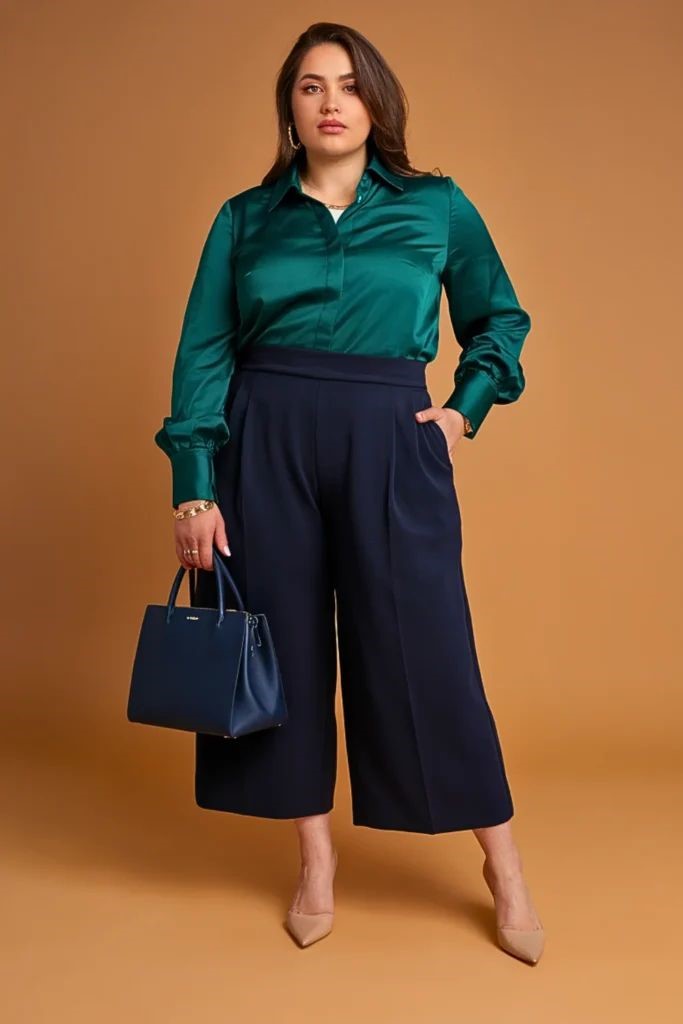 Plus-size woman wearing a green button-down shirt with cropped wide-leg trousers for a polished work outfit.