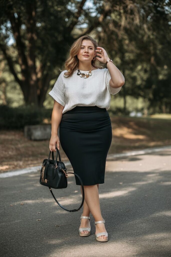 Plus-size woman wearing a button-down shirt with a pencil skirt for a professional office look