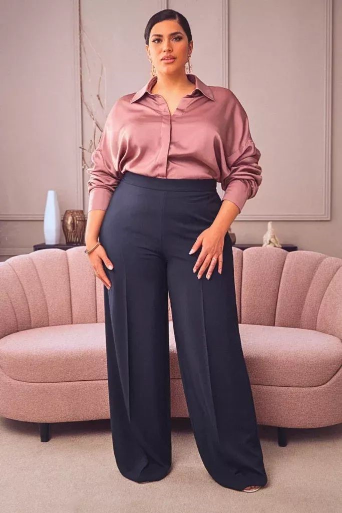 Button-down shirt with straight-leg trousers for a plus size work outfit