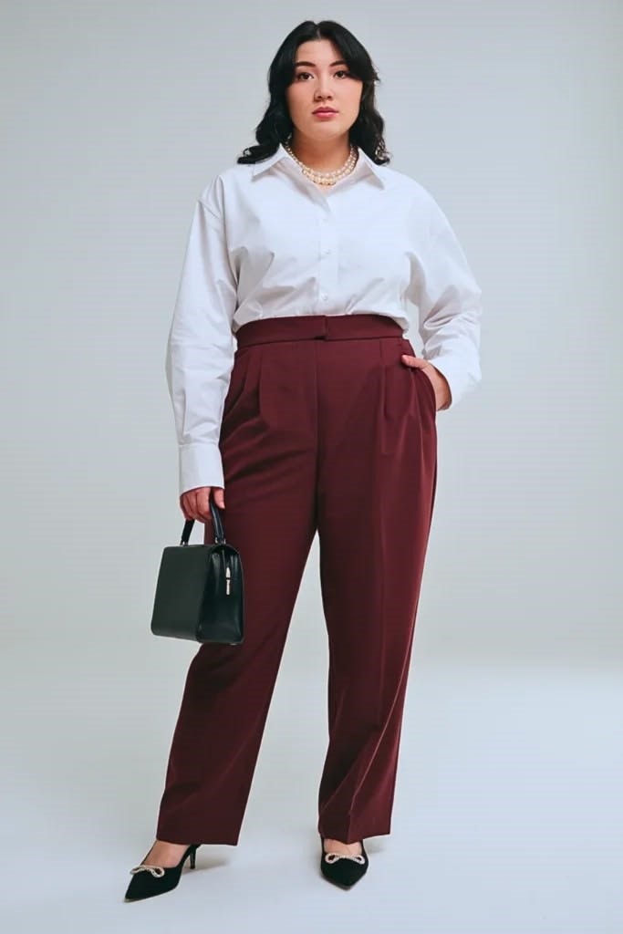 Plus size woman styling a white button-down shirt for work