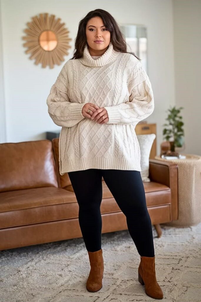 Plus size woman wearing a cozy cable knit sweater as a warm middle layer in a winter outfit