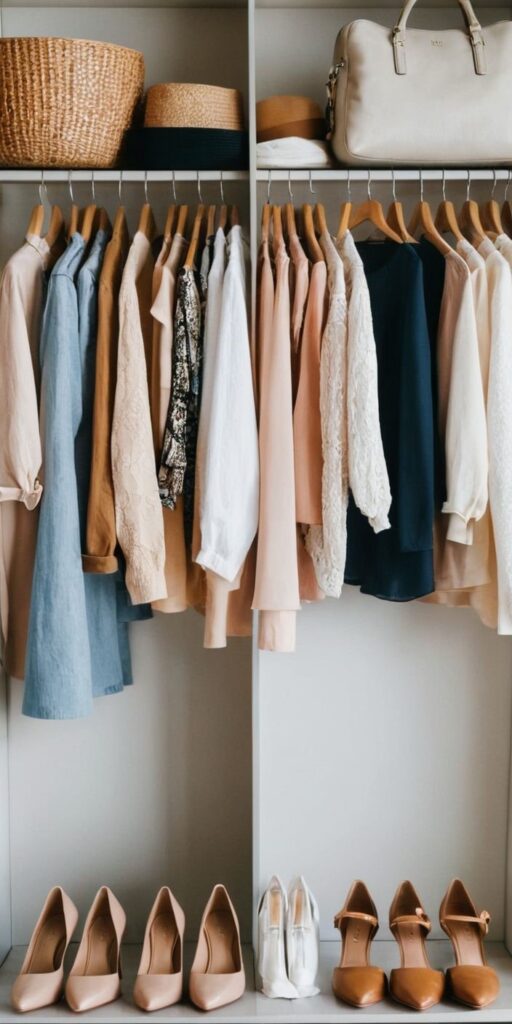 Organized capsule wardrobe with versatile clothing, shoes, and accessories for everyday outfits.