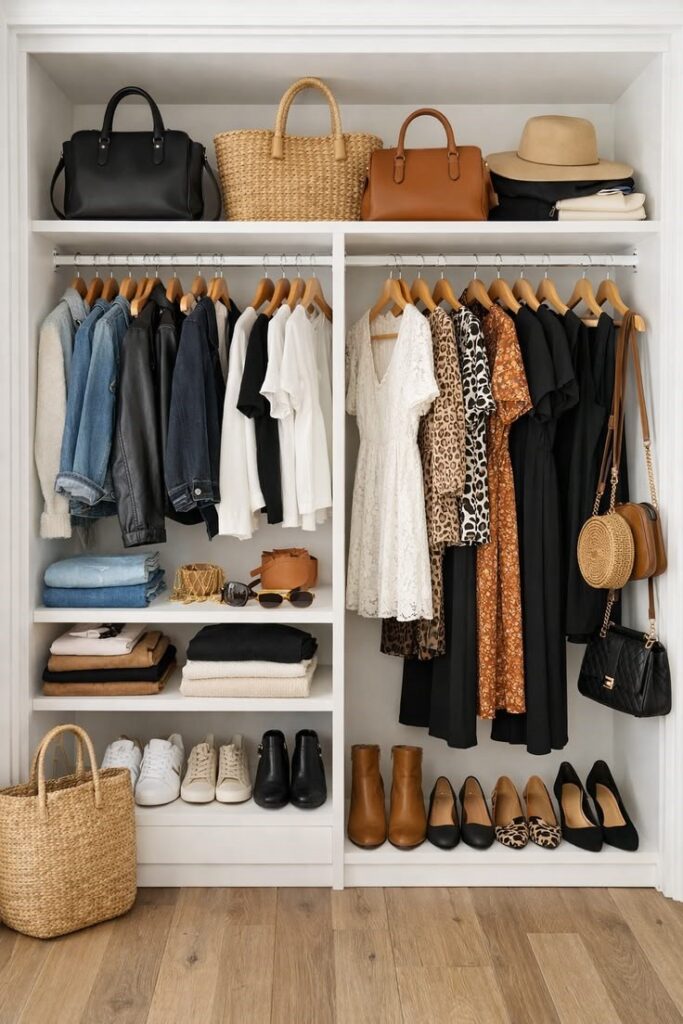 Neutral capsule wardrobe with versatile everyday clothing