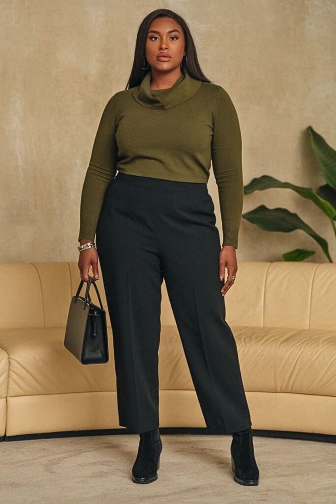 Plus size woman wearing black cigarette trousers with an olive lightweight knit sweater and ankle boots for a business casual office outfit.
